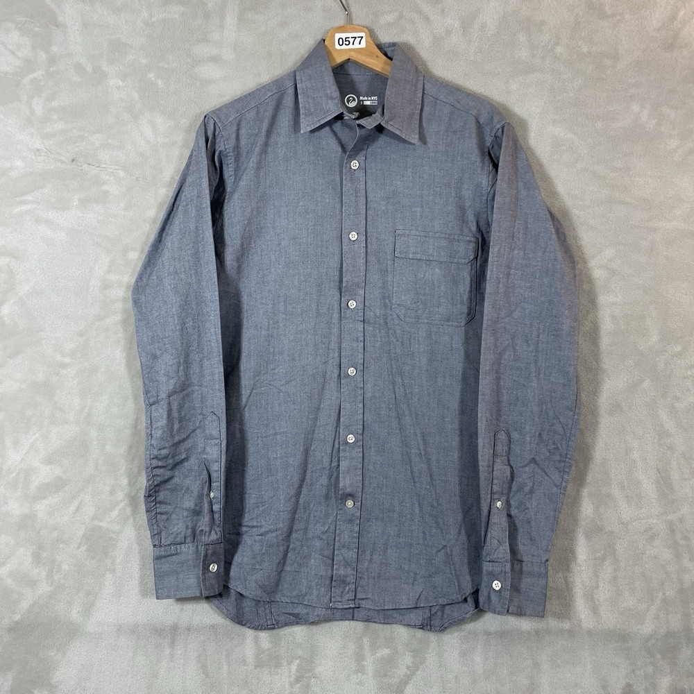 Outlier NYC Blazed Cotton Button Down Mens Small Long Blue Gray Pivot Sleeve USA